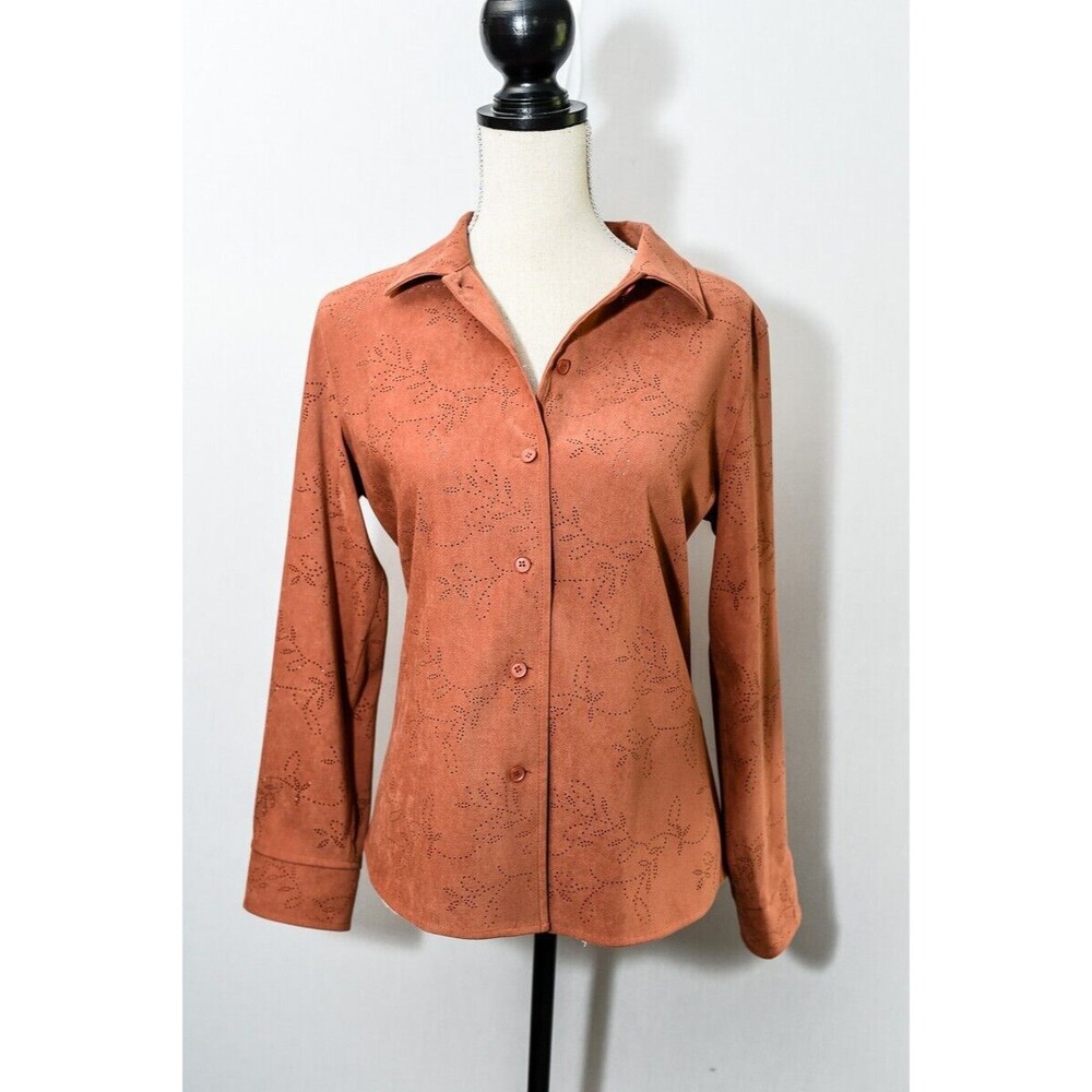 Vintage Talbots Stretch Petites copper Faux Suede Cut Out Button Down Collared M